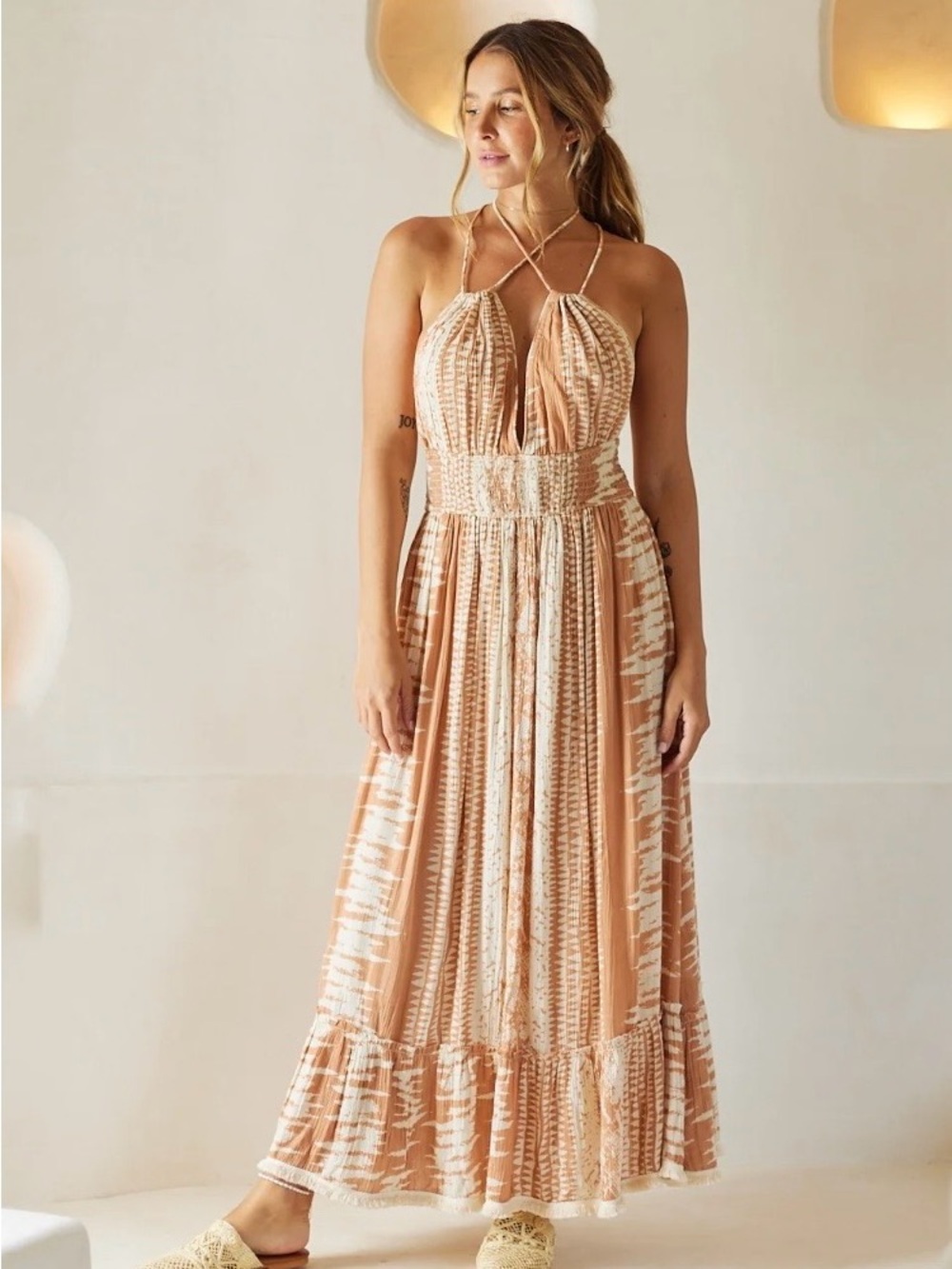 Anthropologie Z&L Europe Maxi Halter Neck Dress Beige Sz L Gauze Boho Festival
